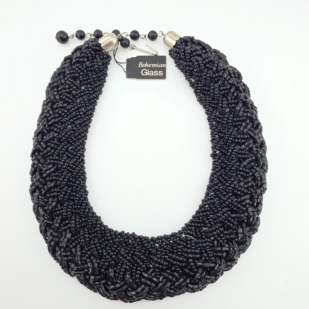 New! Vtg Bohemian Bib Necklace Weaved Black Glass Seed Bead Boho Silver Tone 17"